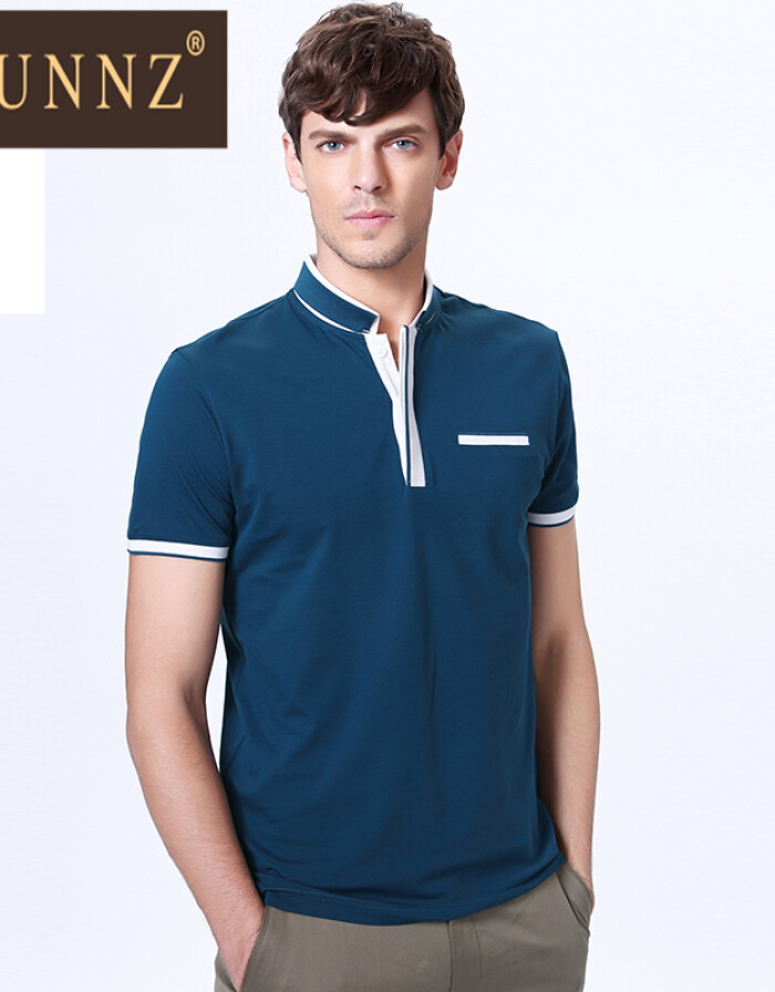 HUNNZ 2016年時尚專柜產品夏裝立領T恤男短袖商務休閑青年天絲棉純色體恤修身版 深藍色 170